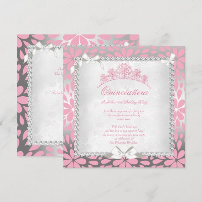 Convites Princesa Quinceanera Lindas Flores Rosa Aniversári (Frente/Verso)