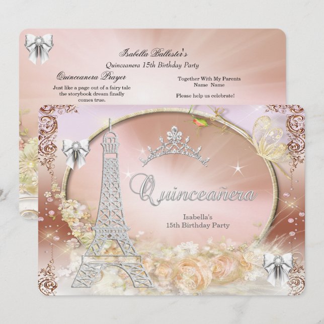 Convites Princesa Quinceanera Magia Creme Prata (Frente/Verso)