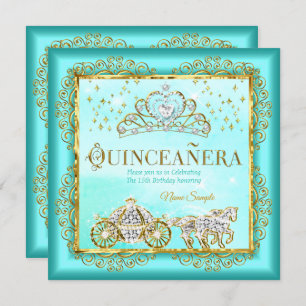 Convites Princesa Quinceañera magia Teal Blue Dourado