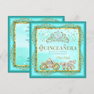 Convites Princesa Quinceañera mágica Azul Turquesa Dourado