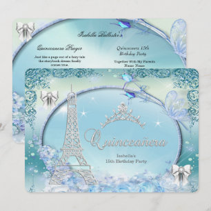 Convites Princesa Quinceanera Mágico Azul Teal Prata