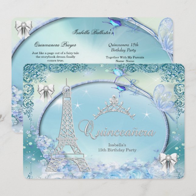 Convites Princesa Quinceanera Mágico Azul Teal Prata (Frente/Verso)