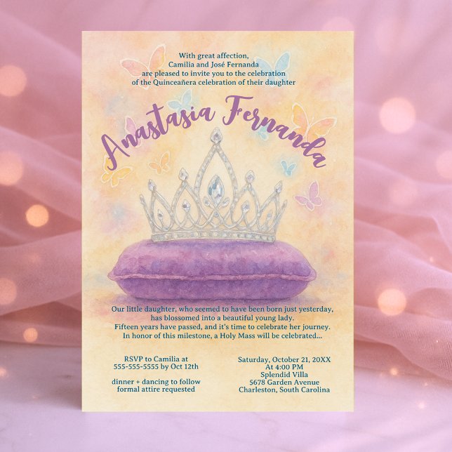 Convites Princesa Quinceañera Pastel Watercolor Crown (Princess Quinceañera Pastel Watercolor Crown Invitation)