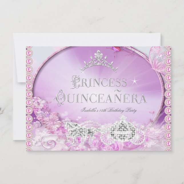 Convites Princesa Quinceanera Prata Púrpura Rosa Mágica 3 (Frente)