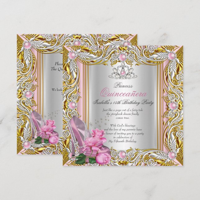 Convites Princesa Quinceanera Prata Rosa Dourado (Frente/Verso)