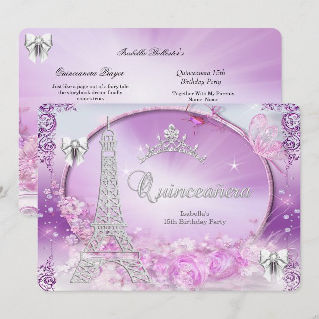 Convites Princesa Quinceanera Prata Roxo Mágico (Frente/Verso)