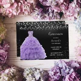 Convites Princesa Quinceanera Preta com Vestido Lilás Claro