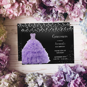 Convites Princesa Quinceanera Preta com Vestido Lilás Claro