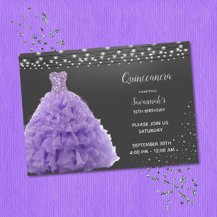 Convites Princesa Quinceanera Preta Vestido Lavanda Luzes