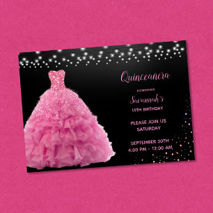 Convites Princesa Quinceanera Preta Vestido Rosa Luzes