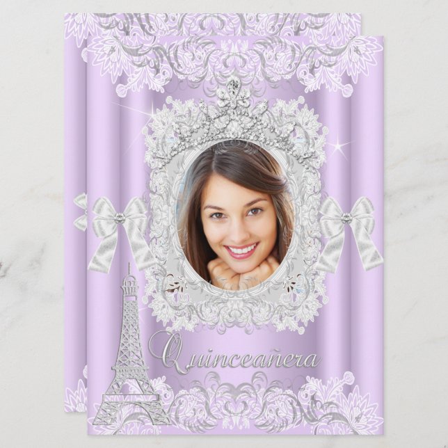 Convites Princesa Quinceanera Purple Lace Foto Grande (Frente/Verso)