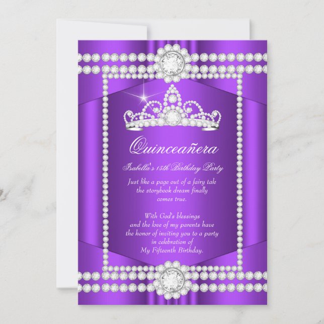 Convites Princesa Quinceanera Purple White Diamond Tiara (Frente)