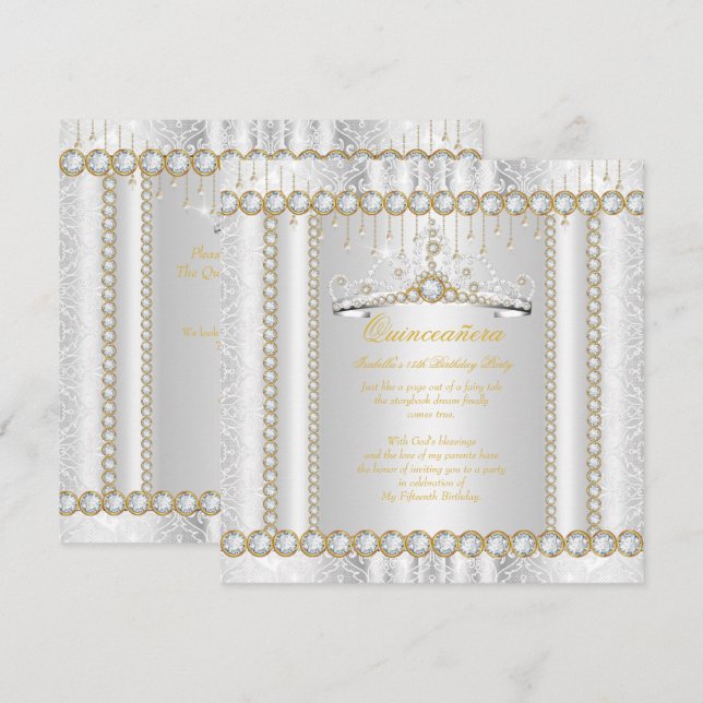 Convites Princesa Quinceanera Renda Diamante Dourado Branco (Frente/Verso)