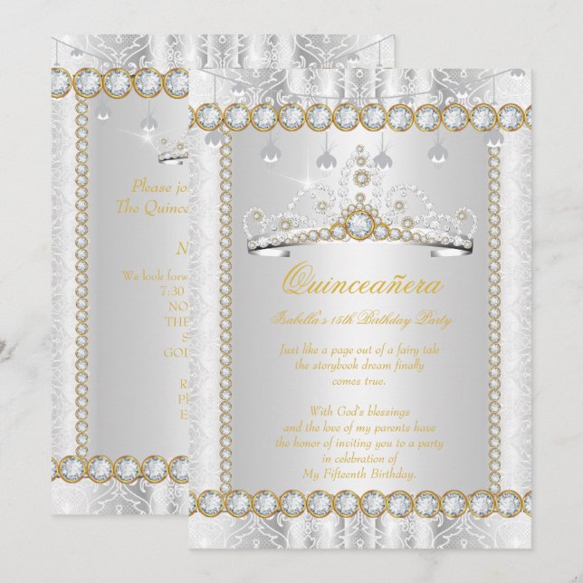 Convites Princesa Quinceanera Renda Diamante Ouro Prata (Frente/Verso)