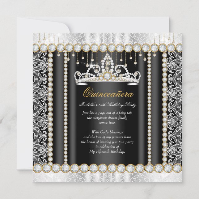 Convites Princesa Quinceanera Renda Diamante Preta Branca (Frente)