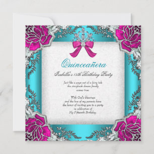 Convites Princesa Quinceanera Rosa Água Teal Aniversário de