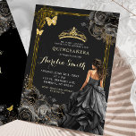 Convites Princesa Quinceañera, Rosa Dourada e Negra<br><div class="desc">Rosas Douradas Elegantes e Negras Princesa Quinceañera Convite</div>