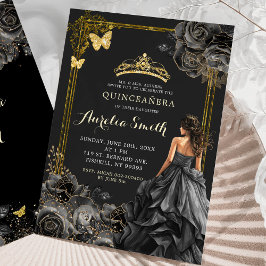 Convites Princesa Quinceañera, Rosa Dourada e Negra