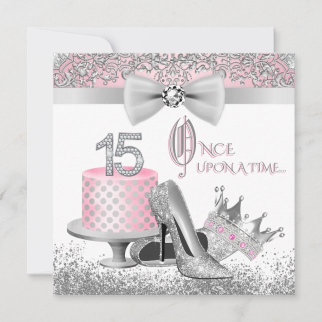Convites Princesa Quinceanera Rosa e Prata Aniversário de 1 (Frente)