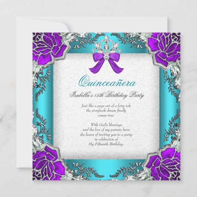 Convites Princesa Quinceanera Roxo Azul Turquesa Aniversári (Frente)