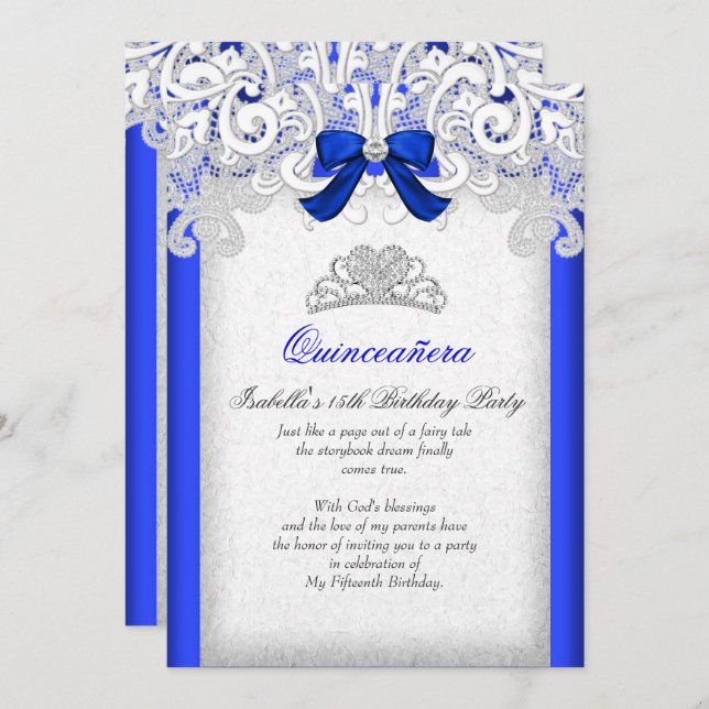 Convites Princesa Quinceanera Royal Blue 15 Birthday (Frente/Verso)