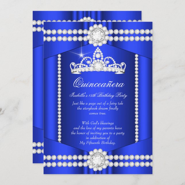 Convites Princesa Quinceanera Royal Blue Diamond Tiara (Frente/Verso)