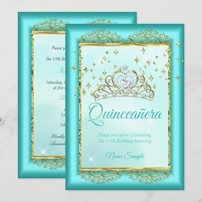 Convites Princesa Quinceañera Teal Blue Aniversário Dourado (Frente/Verso)