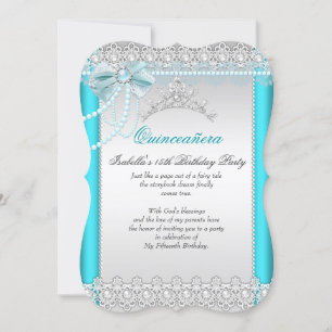 Convites Princesa Quinceanera Teal Blue Lace Pearl Tiara