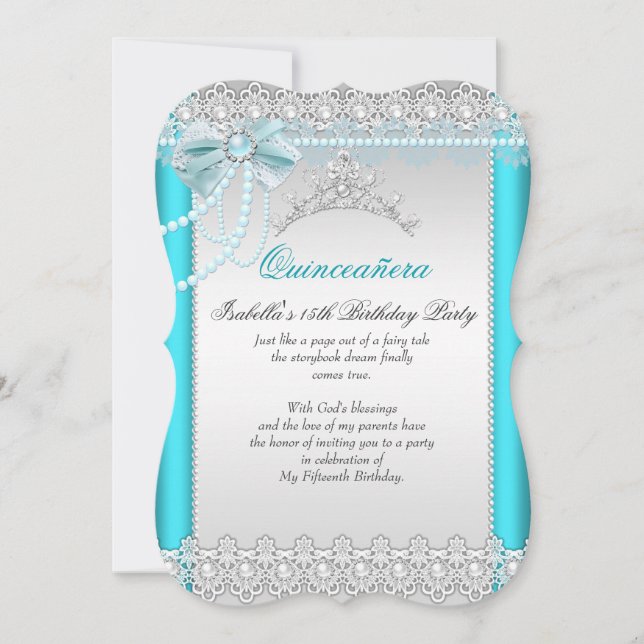 Convites Princesa Quinceanera Tiara de Renda Azul Teal com  (Frente)