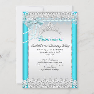 Convites Princesa Quinceanera Tiara de Renda Azul Teal com 