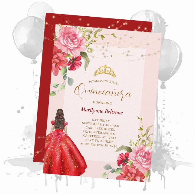 Convites Princesa Quinceañera Vermelha Floral (Criador carregado)