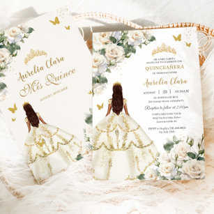 Convites Princesa Quinceañera White Rosas de Marfim Dourado