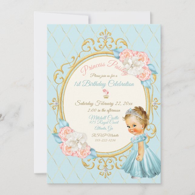 Convites Princesa Real de Conto de Fadas Bege Dourado Aqua (Frente)
