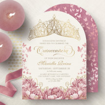 Princesa Real Dourada Rosa Blush Quinceanera