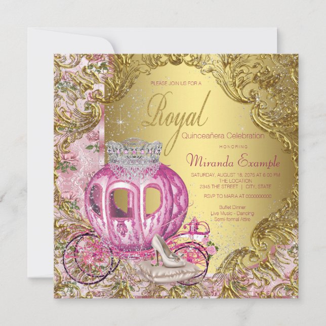 Convites Princesa Real Quinceañera Rosa e Dourado (Frente)