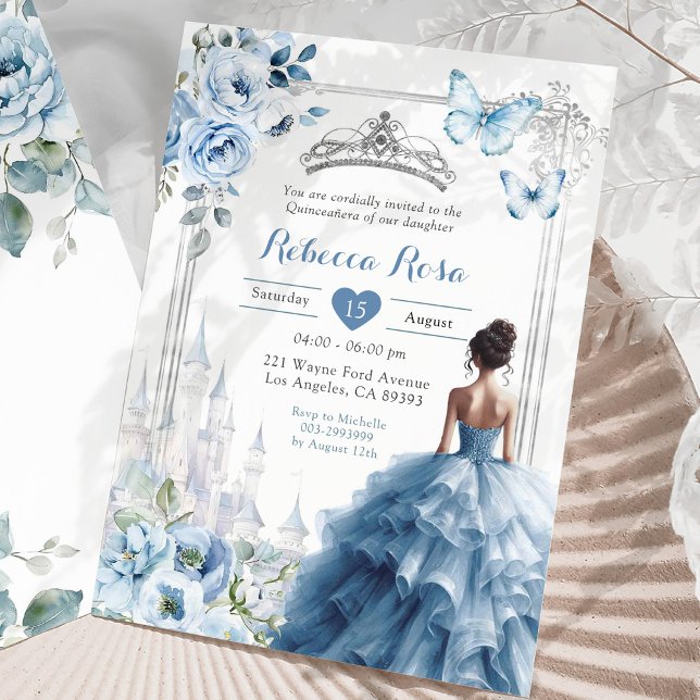 Convites Princesa Real Silver Dusty Blue Quinceañera (Criador carregado)