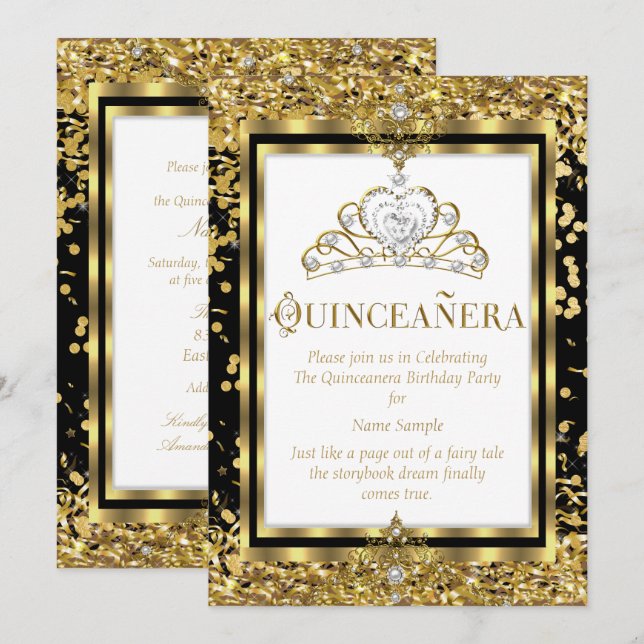 Convites Princesa Regal Quinceanera 15 Dourado Branco Negro (Frente/Verso)