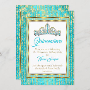 Convites Princesa Regal Teal Azul Quinceanera Dourada Branc