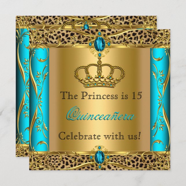 Convites Princesa Regal Teal Leopard Quinceañera (Frente/Verso)