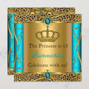 Convites Princesa Regal Teal Leopard Quinceañera