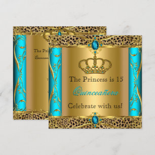 Convites Princesa Regal Verde Azul Leopardo Festa de Quinze