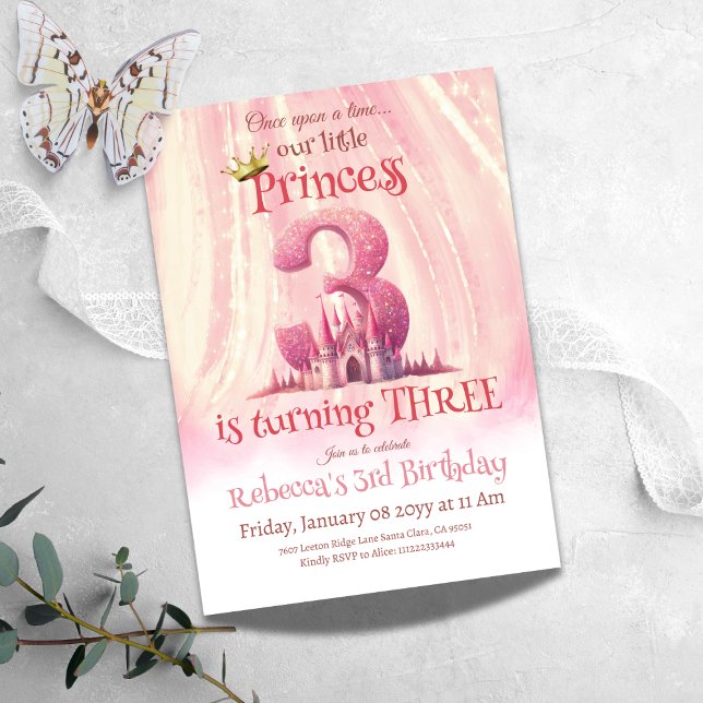 Convites Princesa Rosa Castle Girl Third aniversário de 3 a (Criador carregado)