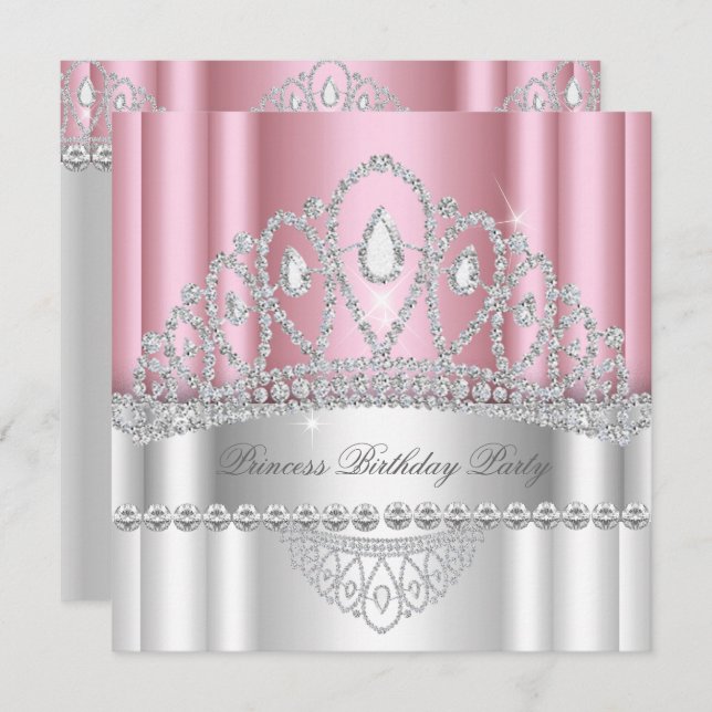 Convites Princesa Rosa claro White Diamond Tiara Birthday (Frente/Verso)