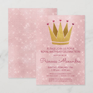 Convites Princesa Rosa-Coroa - Aniversário Rosa Dourado