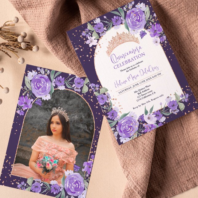 Convites Princesa Rosa de ouro floral roxo tiara Quinceaner (Criador carregado)