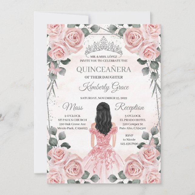 Convites Princesa Rosa e Cinza Quinceanera Aniversário (Frente)
