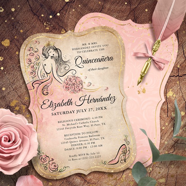 Convites Princesa Rosa e Dourada Aniversário de Quinze Anos (Unique, downloadable rose gold pink quinceanera invitations on an editable DIY template.)