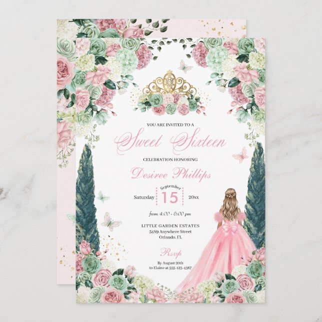 Convites Princesa Rosa Encantada Jardim Doce Dezesseis (Frente/Verso)