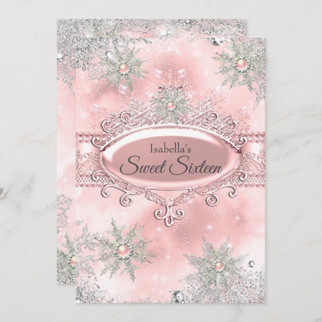 Convites Princesa Rosa Esmagada Winter Wonderland Sweet 16 (Frente/Verso)