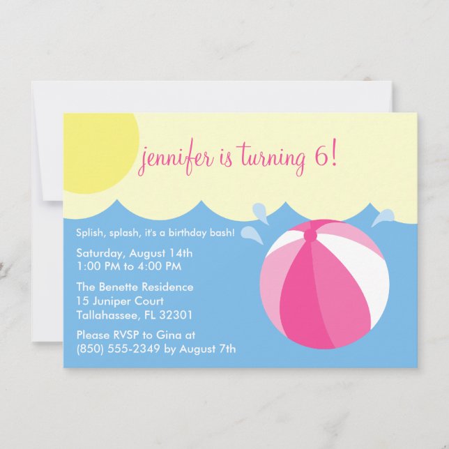 Convites Princesa Rosa Esplash Festa de Piscina de Aniversá (Frente)